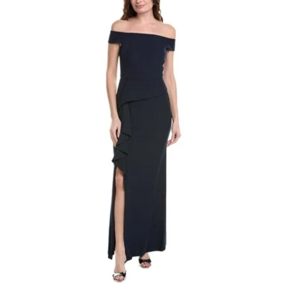 Vince Camuto Off the Shoulder Ruffled Column Evening Gown Blue Size 6 Long Dress
